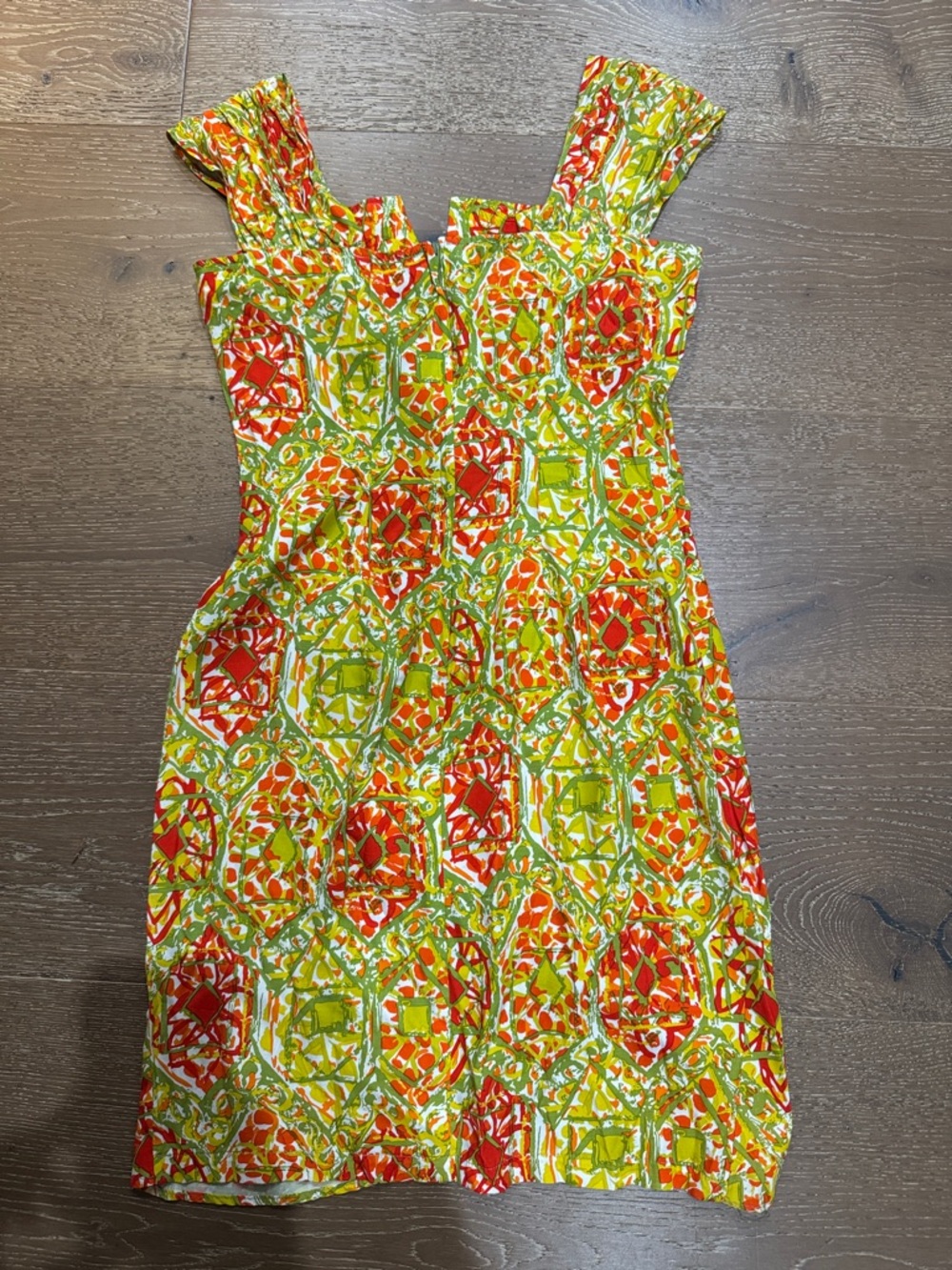 La Belle Vintage Retro Print Midi Dress Orange Green Draped Summer Dress size 7 - Picture 6 of 7